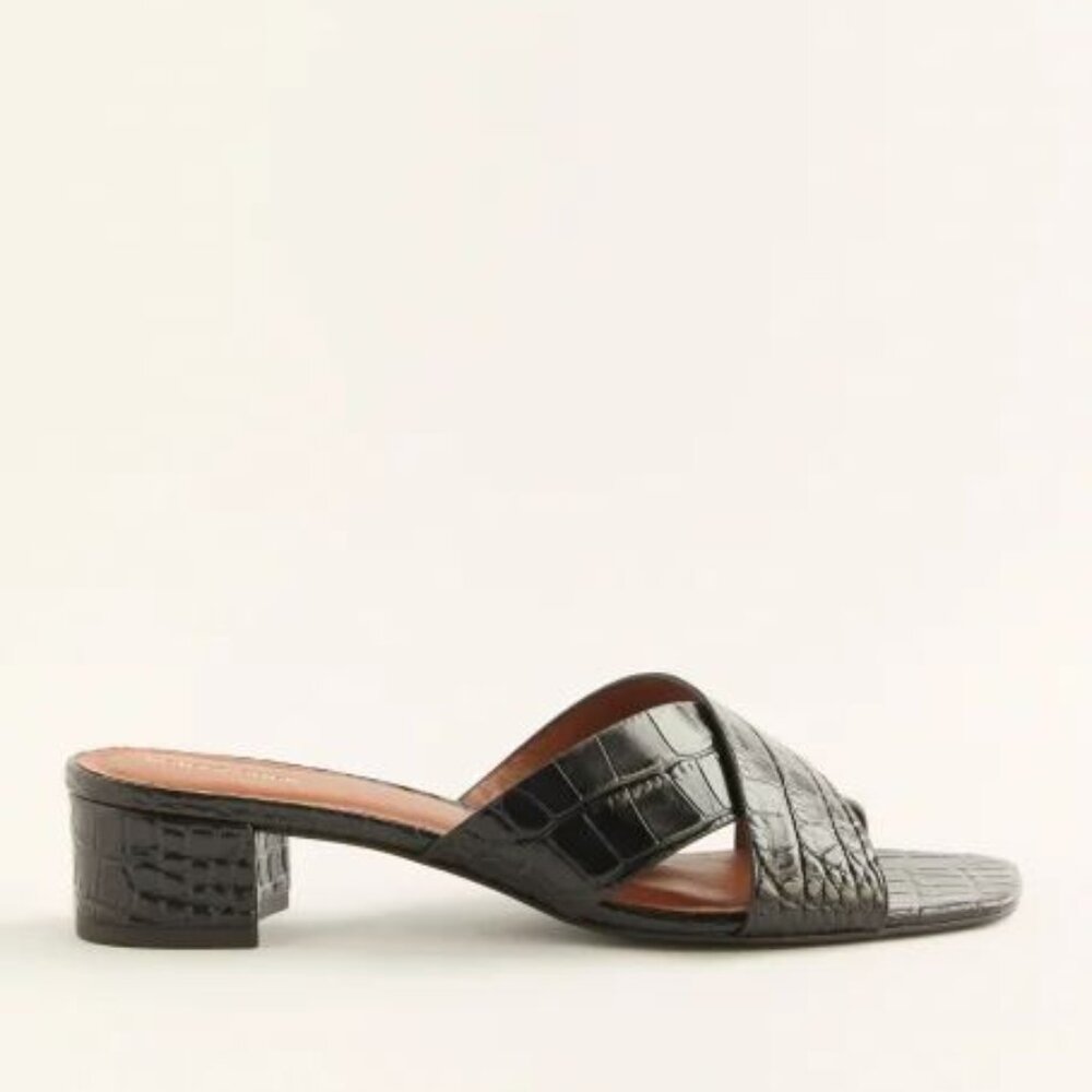 Reformation Black Croc-Embossed Cross Strap Slide Sandals